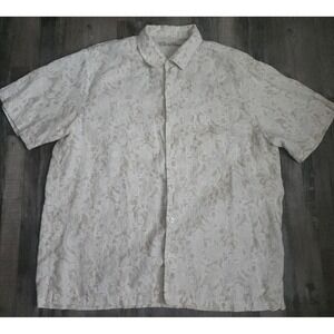 Caribbean Button Down Shirt Mens XL Tan Floral 100% Linen Short Sleeve Tropical